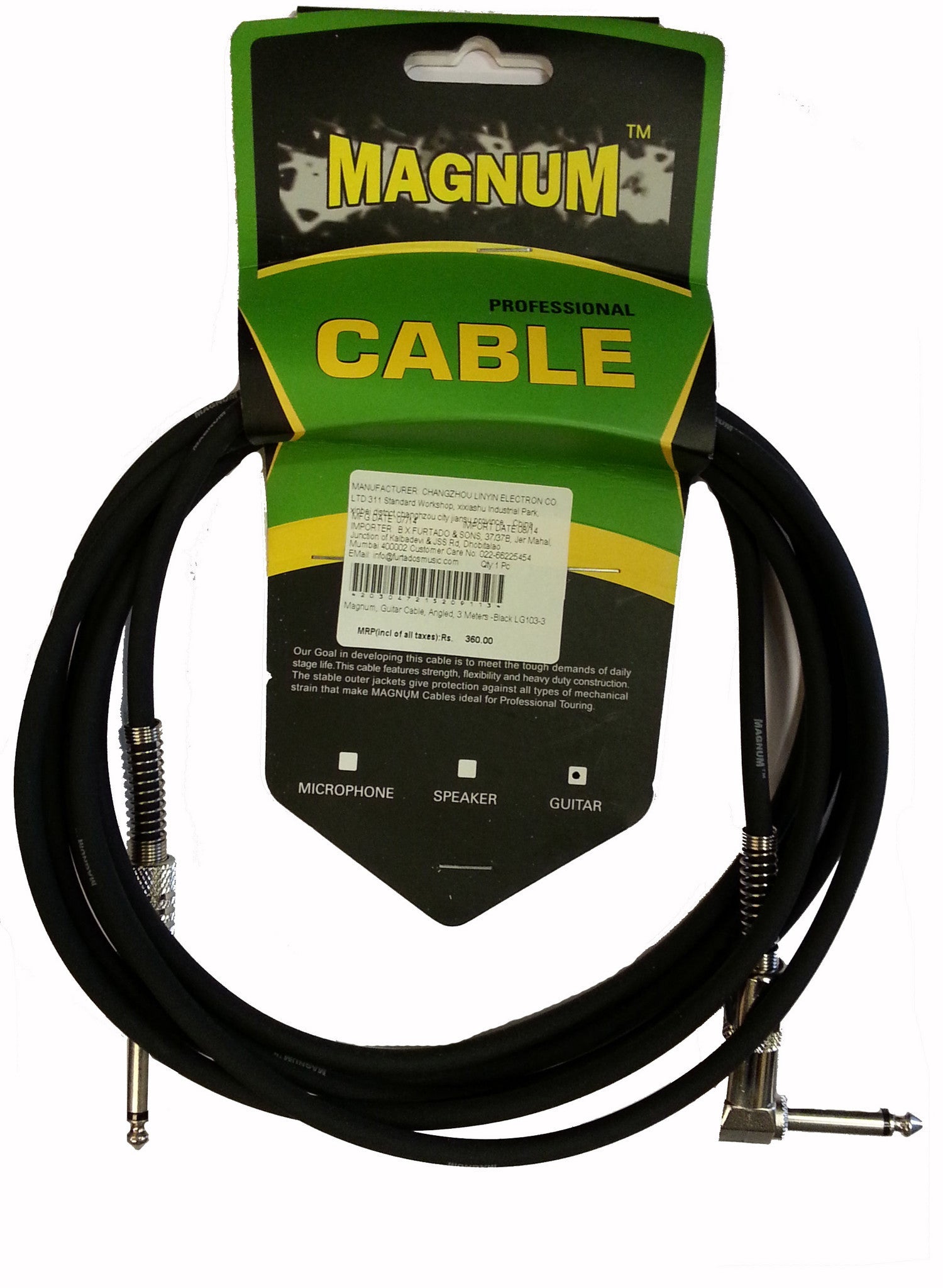 magnum guitar cables magnum lg103-3 angled 3 meters guitar cable (black)