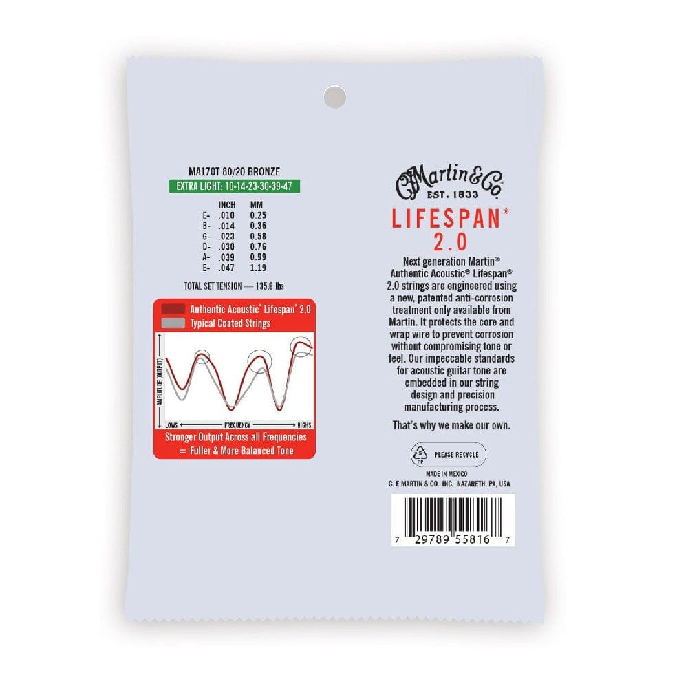 martin acoustic guitar strings martin ma170t 80/20 bronze lifespan treated authentic acoustic guitar strings - extra light 10-47