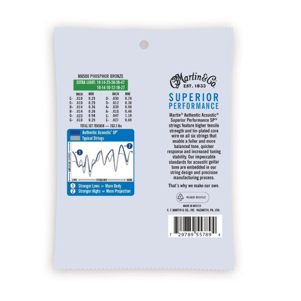 martin acoustic guitar strings martin ma500 sp phosphor bronze authentic acoustic guitar strings - extra light 10-47