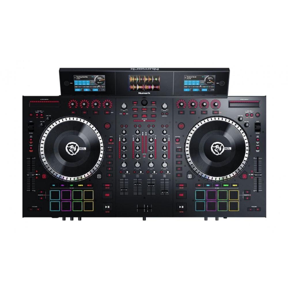 numark dj controller interfaces numark ns7iii 4-channel motorized dj controller & mixer with screens
