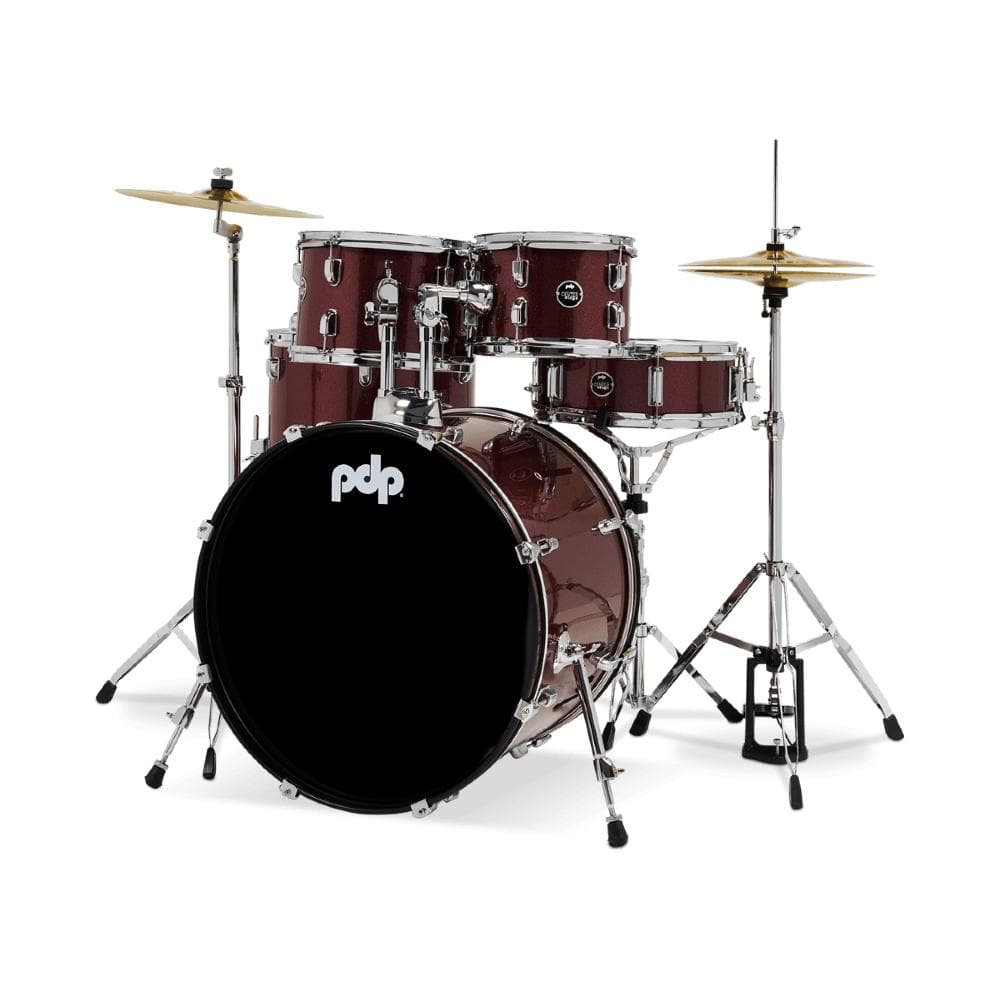 pacific drums and percussion acoustic drum kits ruby red sparkle pacific drums and percussion pdce2215kt 5 piece center stage series complete acoustic drumkit #color_ruby-red-sparkle