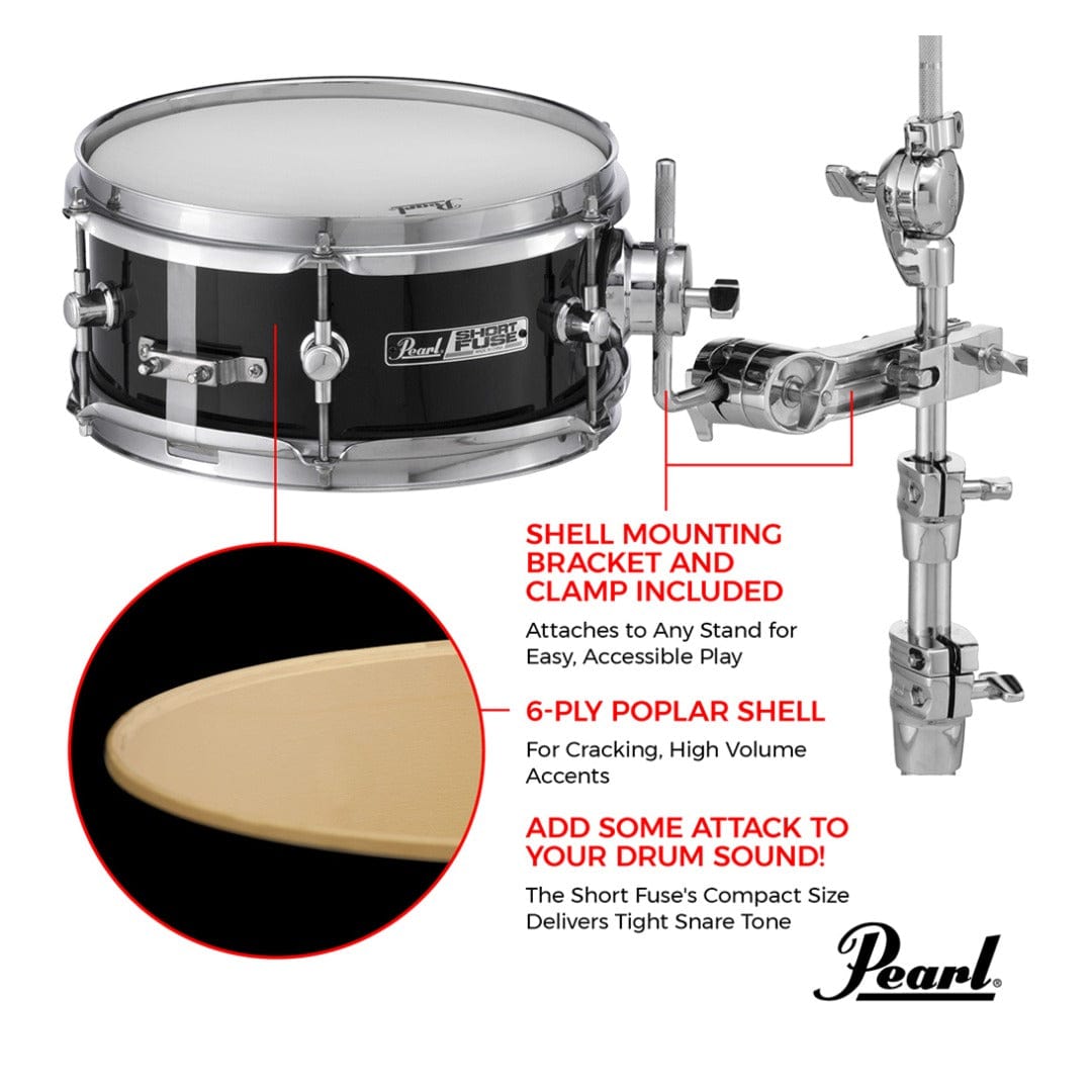pearl snare drums jet black pearl sfs10/c short fuse 10"x4.5" snare drum - jet black