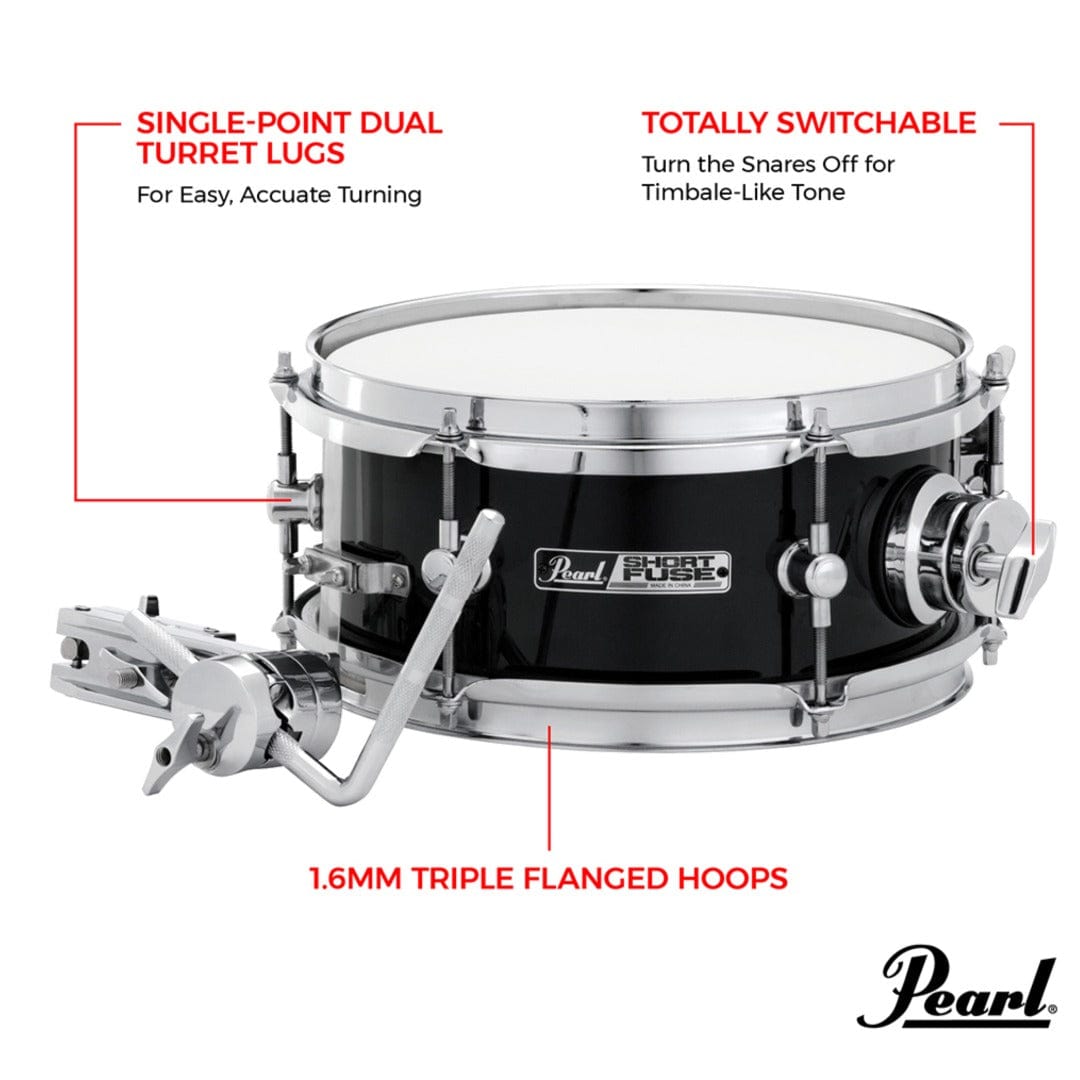 pearl snare drums jet black pearl sfs10/c short fuse 10"x4.5" snare drum - jet black