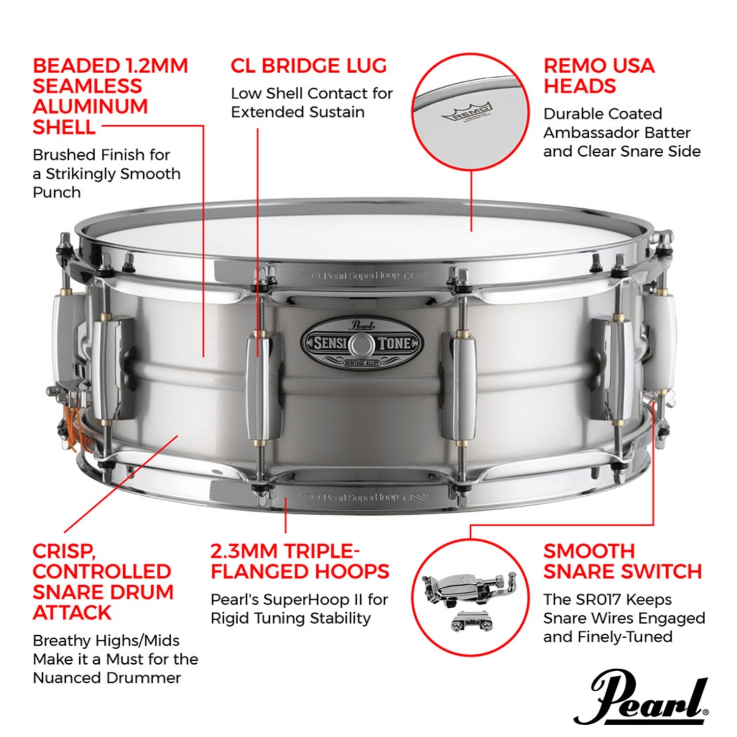 Pearl Snare Drums Pearl Sensitone Heritage Alloy Aluminum Snare Drum
