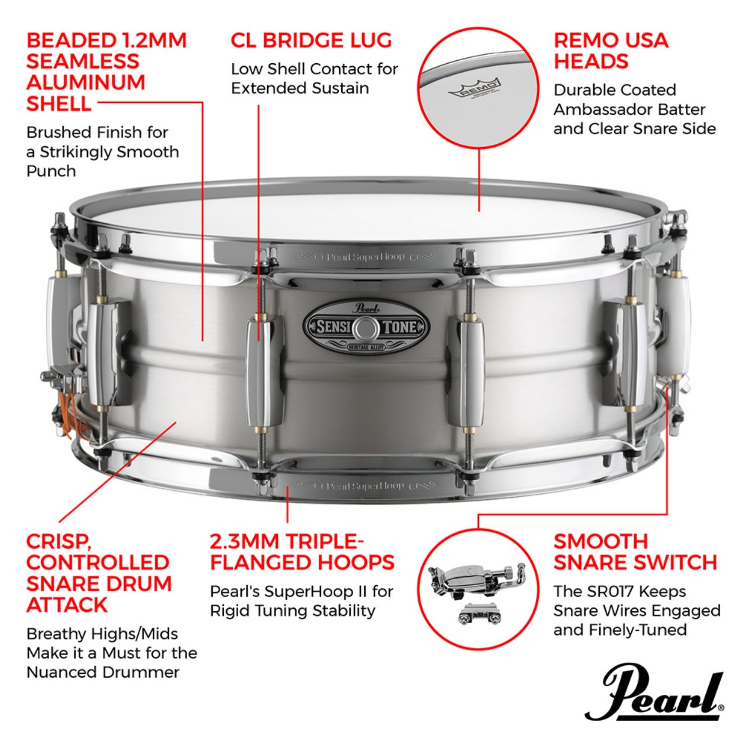 Pearl Snare Drums Pearl Sensitone Heritage Alloy Aluminum Snare Drum