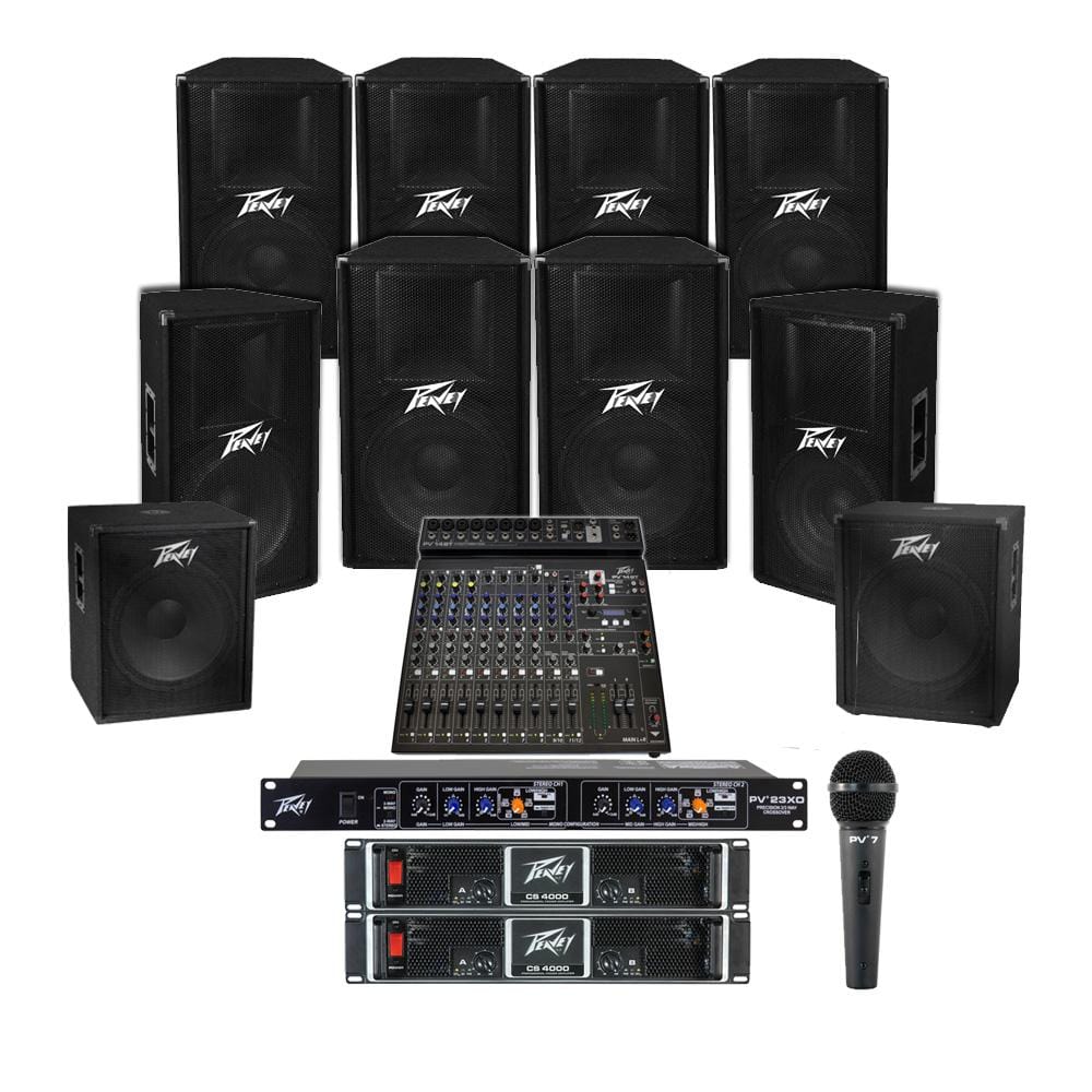 peavey temple sound system temple sound system with 8xpeavey pv 115 wall mount loudspeakers, 2xsubwoofer, 5xamplifier, crossover, mic & pv15bt mixer