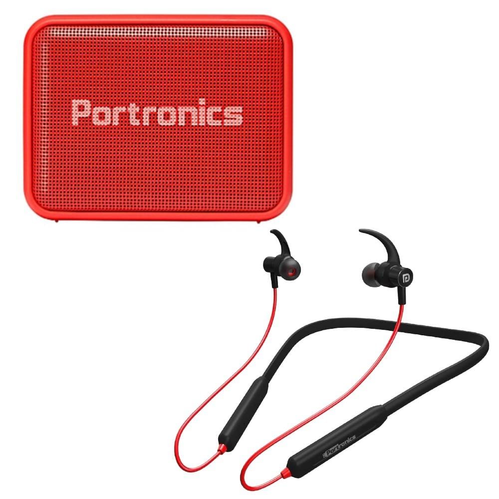 portronics in-ear neckband headphones black-red combo pack of portronics harmonics 216 wireless sports headset with portronics dynamo bluetooth speaker