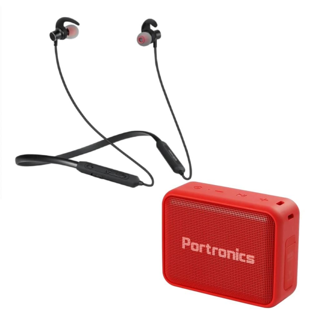 portronics in-ear neckband headphones red combo pack of portronics harmonics 216 hd wireless bluetooth headset with portronics dynamo bluetooth speaker #color_red