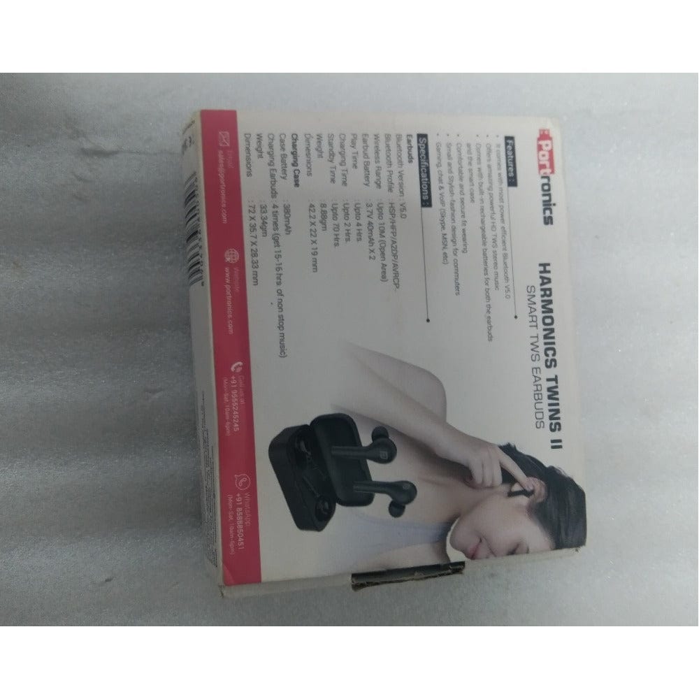 portronics true wireless in-ear headphones portronics por-1050 harmonics twins ii true wireless stereo bluetooth earbuds- black - open box b stock