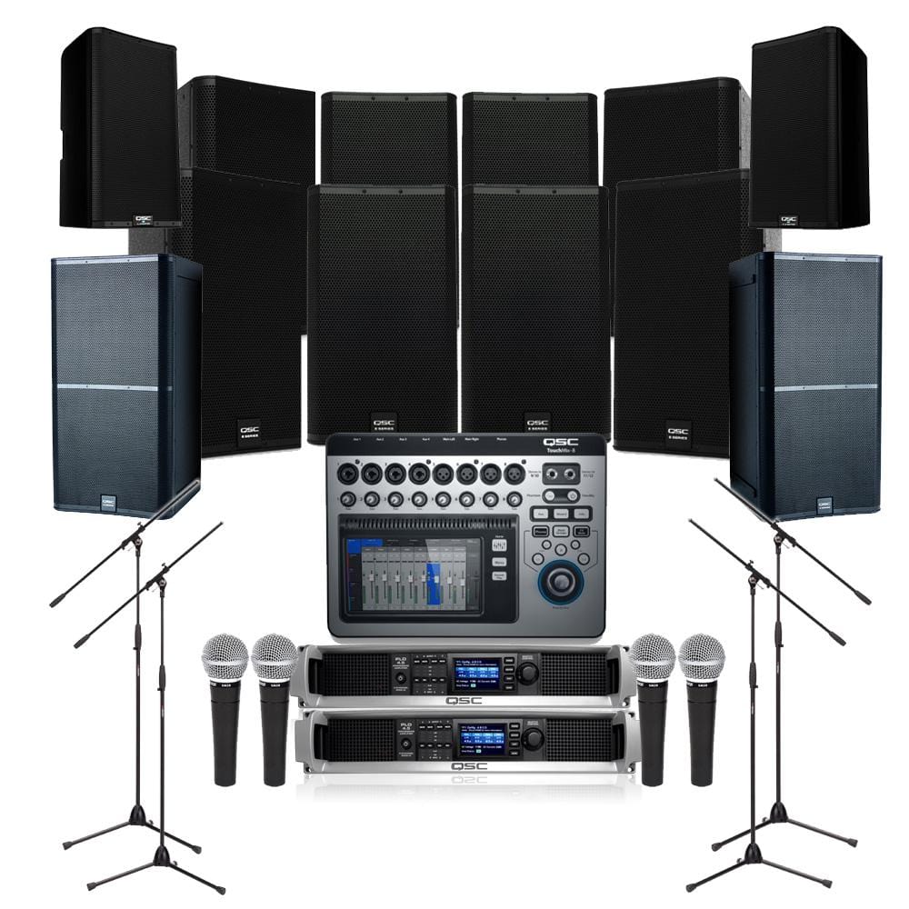 qsc auditorium sound system auditorium sound system with 8xqsc e115 wall mount loudspeakers, 2xsubwoofer, crossover,mixer,mics,monitors & power amp