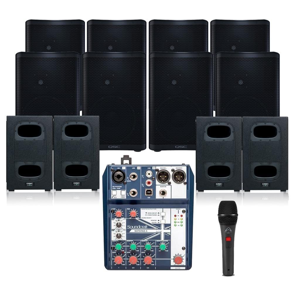 qsc gym sound system gym sound system with 8xqsc cp8 wall mount loudspeakers, subwoofer, microphone & yamaha mixer