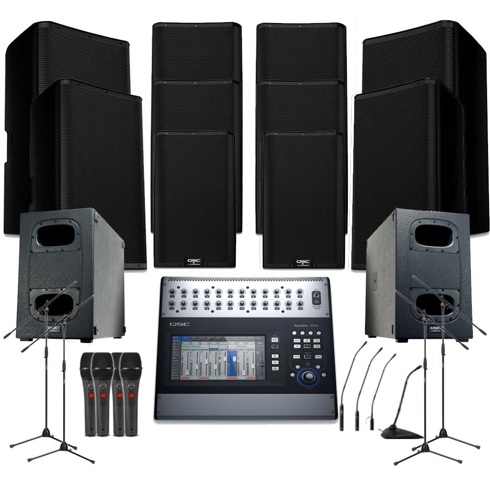 qsc mosque sound system mosque sound system 8xqsc k12.2 wall mount loudspeakers, 2xsubwoofer, monitors, mics, stands & mixer