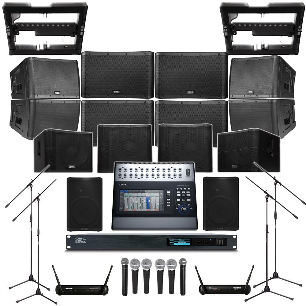 qsc pub sound system pub sound system with 8xqsc kla12 wall mount loudspeakers, 4xsubwoofer, processor, mixer, mics & monitor