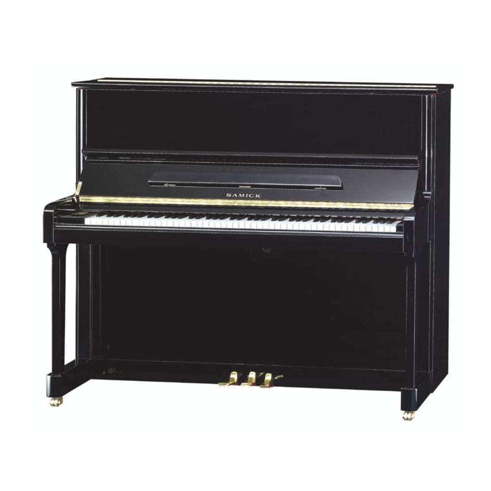 samick upright pianos ebony high polished samick js125 original js series upright piano