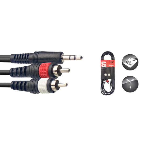 stagg cables and connectors stagg syc3/mps2cm e 3.5mm stereo jack plug to 2x phono (rca) audio cable with lifetime warranty -3 metres
