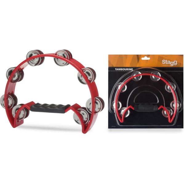 stagg hand percussions red stagg tab-2 cutaway plastic half moon tambourine with 16 jingles #color_red