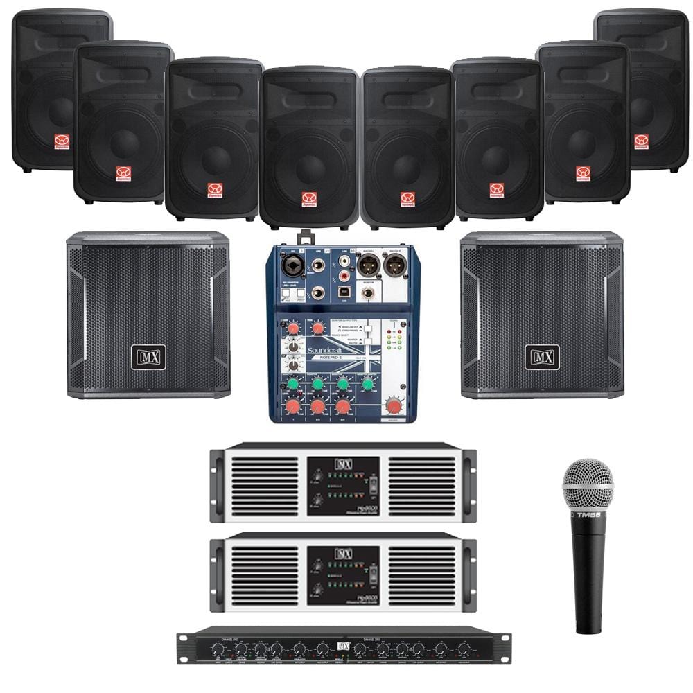 superlux restaurant sound systems restaurant sound system with 8xsuperlux sf8 wall mount loudspeakers, 2xsubwoofer, 2xamplifier, crossover, mic & soundcraft mixer