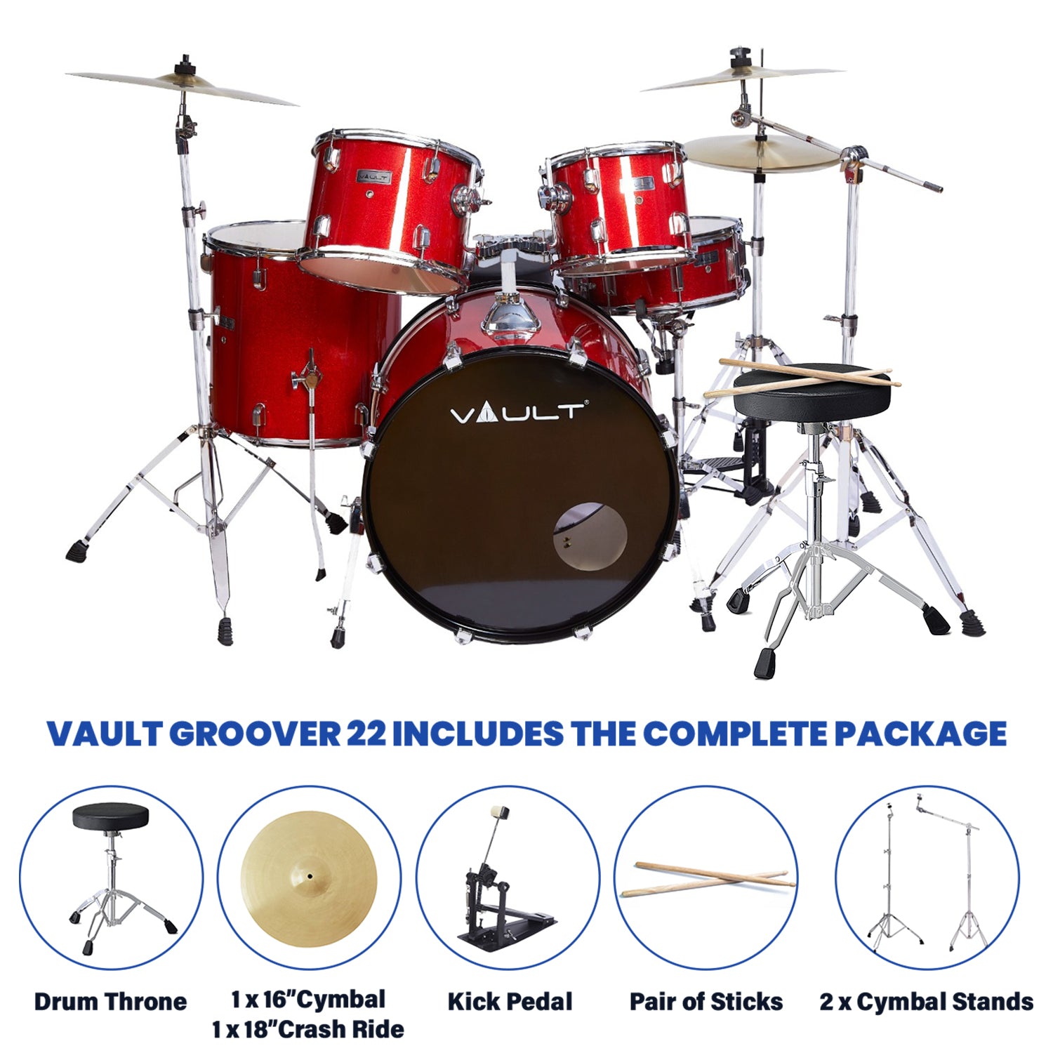 Vault Acoustic Drum Kits Vault Groover 22" 5-Piece Acoustic Drum Kit with Hardware, Cymbals & Throne #color_red-sparkle