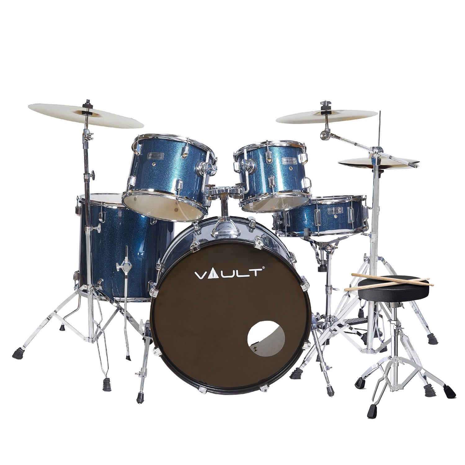 Vault Acoustic Drum Kits Vault Groover 22" 5-Piece Acoustic Drum Kit with Hardware, Cymbals & Throne #color_blue-sparkle