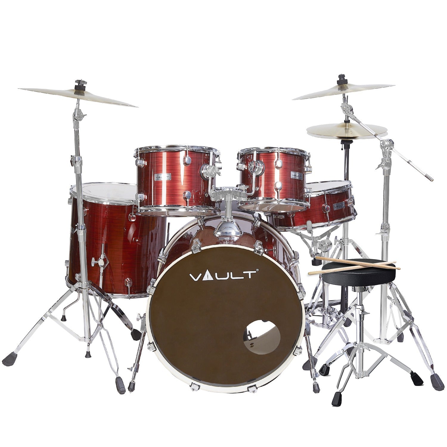Vault Acoustic Drum Kits Vault Groover Plus 5-Piece Acoustic Drum Kit with Hardware, Cymbals & Throne#color_striped-red,size_22-inch