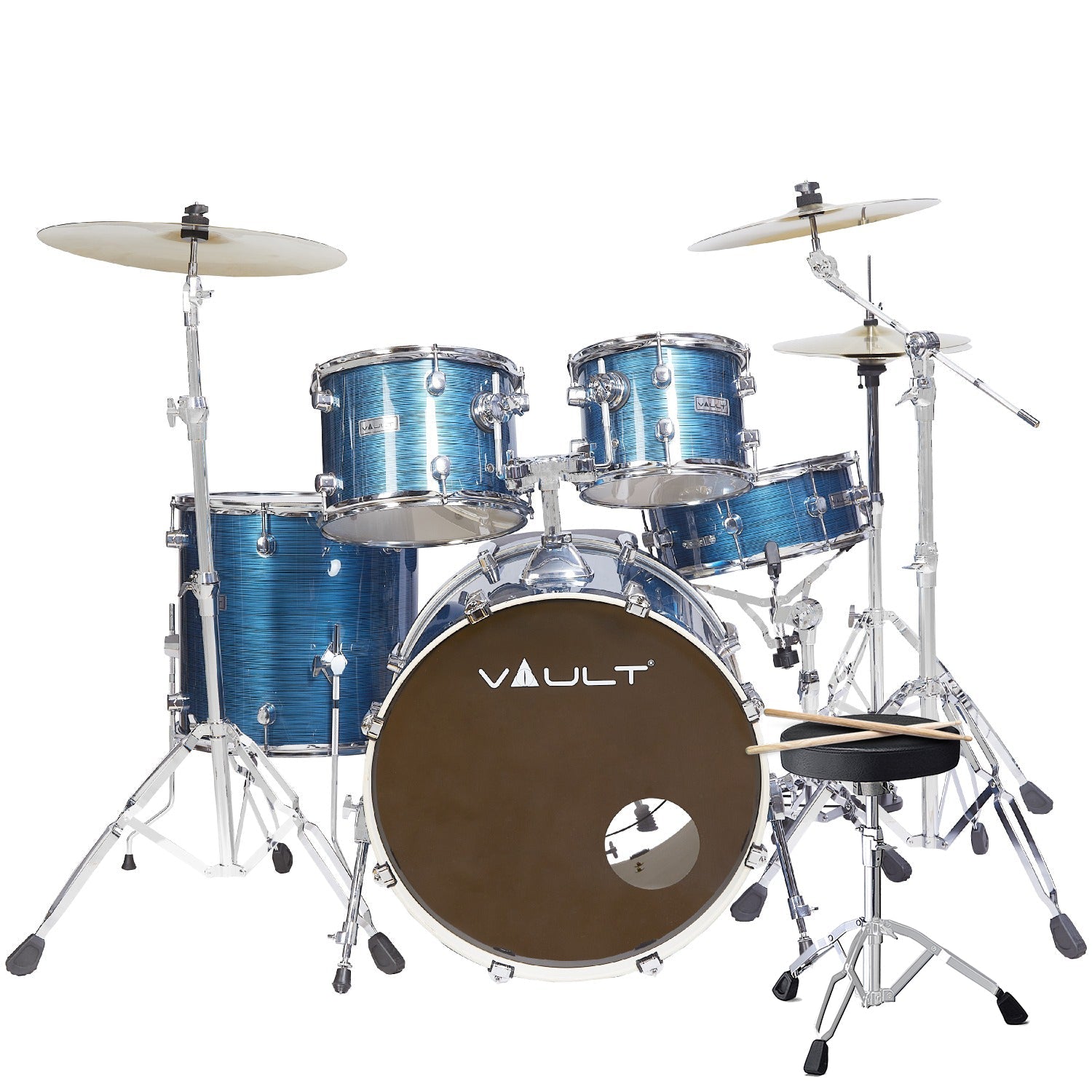 Vault Acoustic Drum Kits Vault Groover Plus 5-Piece Acoustic Drum Kit with Hardware, Cymbals & Throne#color_striped-blue,size_22-inch