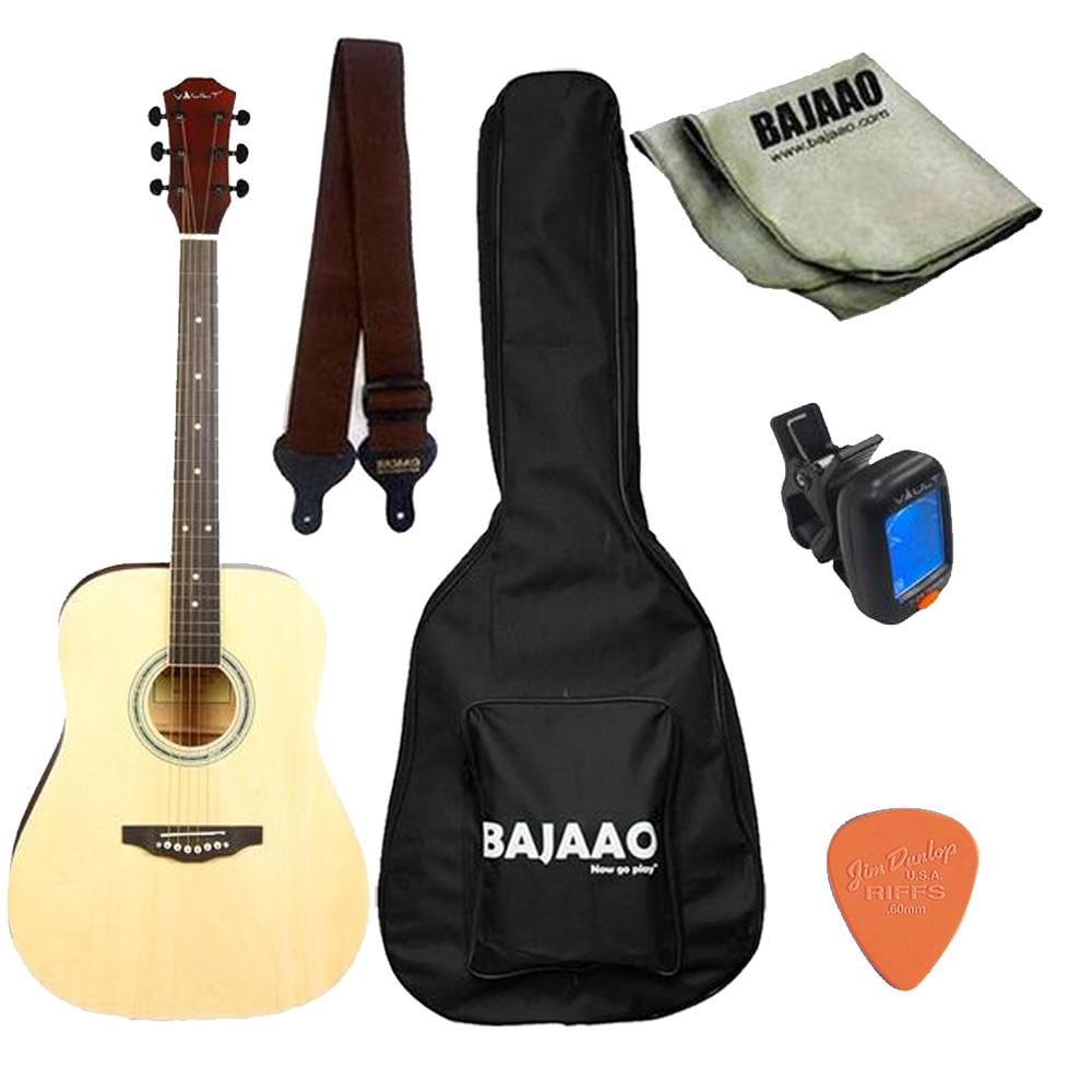 vault acoustic guitar bundles natural vault ed-10d 41 inch dreadnought acoustic guitar with gig bag, picks, strap, tuner and polishing cloth