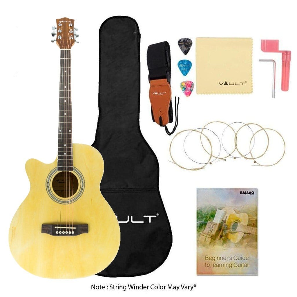 Vault Acoustic Guitars Acoustic / Natural - Left Handed Vault EA20 Guitar Kit with Learn to Play Ebook, Bag, Strings, Straps, Picks, String winder & Polishing Cloth - 40 inch Cutaway Acoustic Guitar