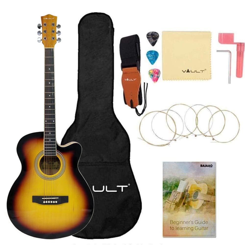 Vault Acoustic Guitars Acoustic / Right Handed / Sunburst Vault EA20 Guitar Kit with Learn to Play Ebook, Bag, Strings, Straps, Picks, String winder & Polishing Cloth - 40 inch Cutaway Acoustic Guitar
