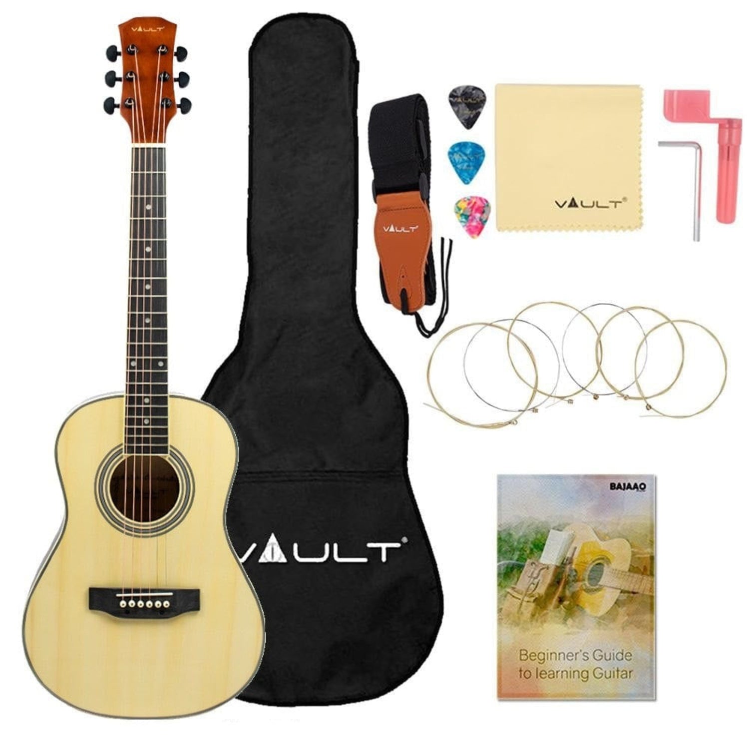 Vault Acoustic Guitars Natural Vault Traveler 34 Inch Acoustic Guitar With Truss Rod, Bag, Strap, Strings, Polishing Cloth, String Winder and Picks - Perfect for Kids (Age 9-12 Years)