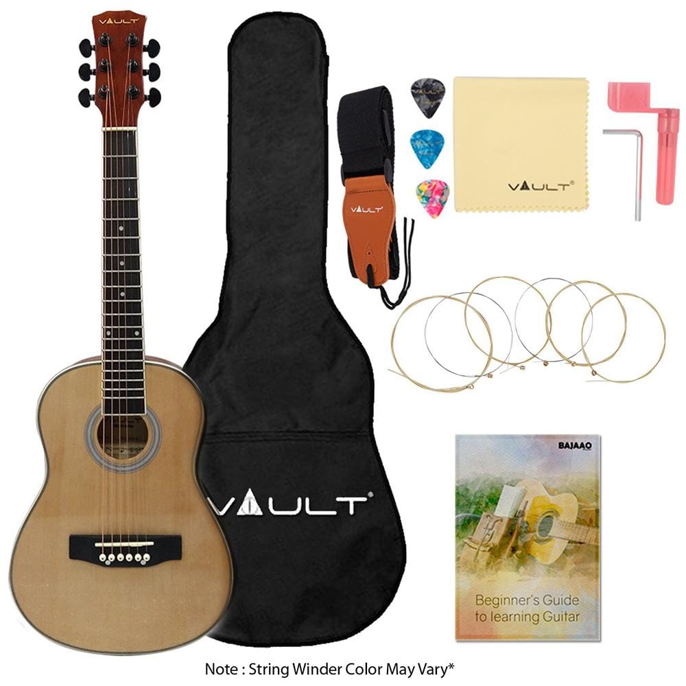 vault acoustic guitars vault junior 30 inch acoustic guitar for kids with ebook, bag, strings, straps, picks, string winder & polishing cloth - natural gloss - open box