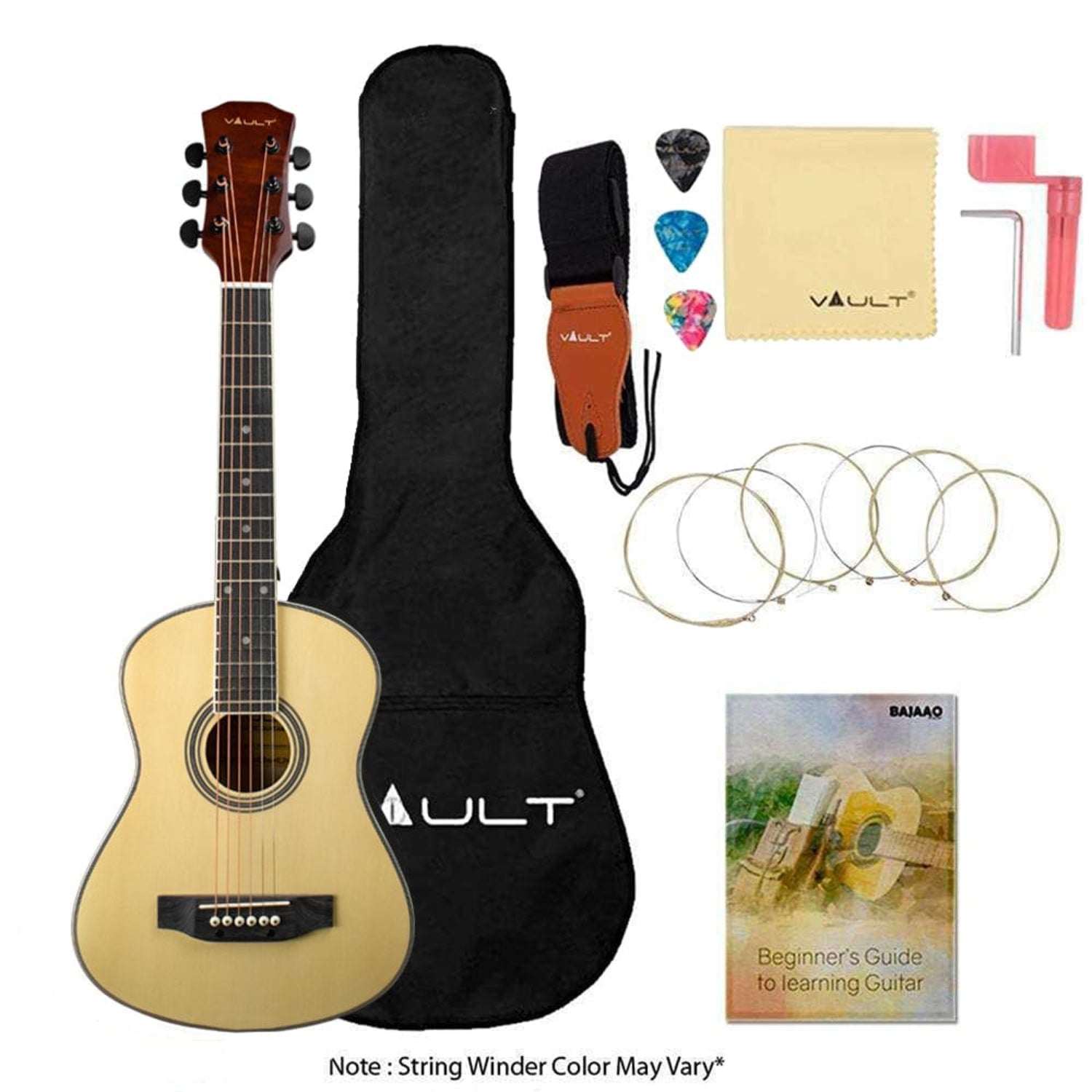 vault acoustic guitars vault junior 30 inch acoustic guitar for kids with truss rod, gig-bag, strings, straps, picks, string winder, polishing cloth & e-book - natural gloss