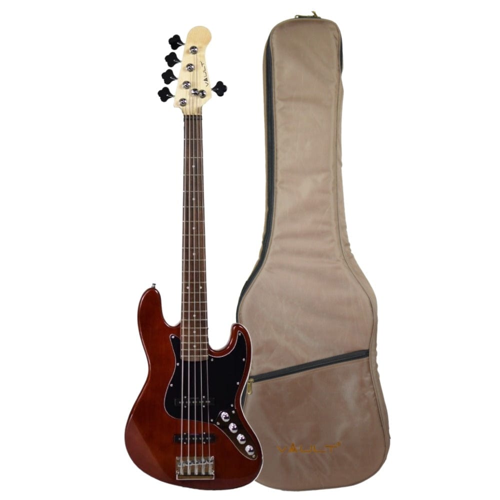 vault bass guitars high gloss mahogany vault performer pro jb5 string electric bass guitar with gigbag - high gloss solid mahogany