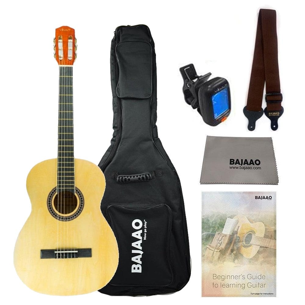 vault classical guitars natural gloss vault cl-20 4/4 size classical guitar with gigbag, tuner, strap, polishing cloth & ebook - natural gloss