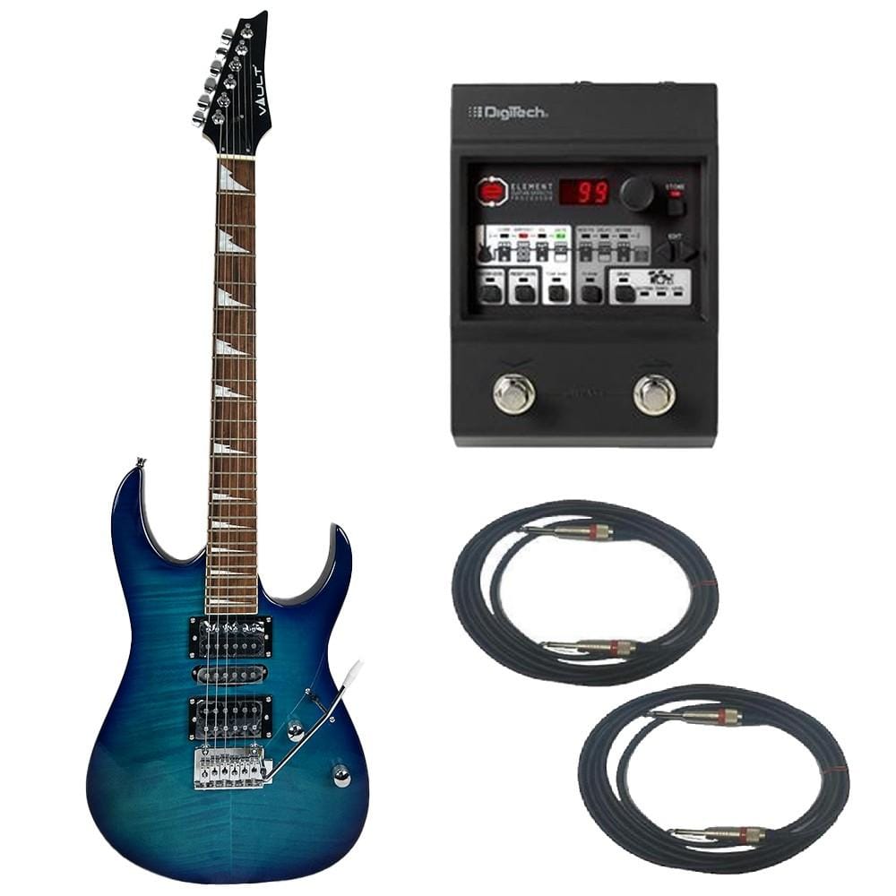 vault electric guitars bundles transparent blue vault rg1rw soloist style electric guitar with digitech element guitar processor bundle #color_transparent-blue