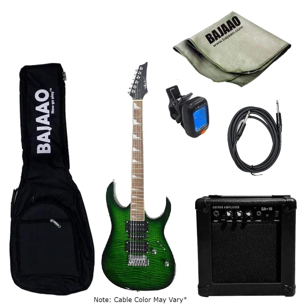 vault electric guitars bundles transparent green burst vault rg1 soloist premium electric guitar with gigbag, amplifier, tuner, cable, polishing cloth & ebook #color_transparent-green-burst