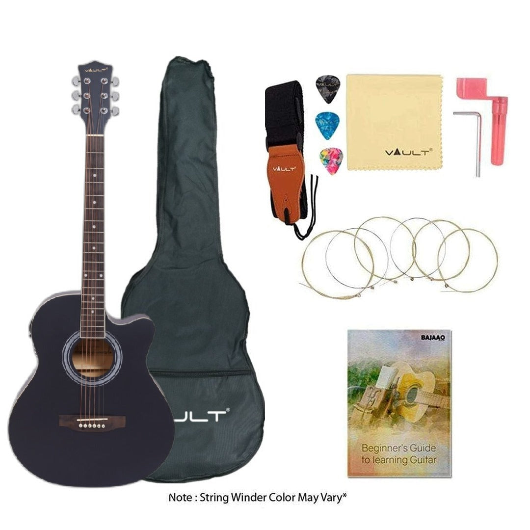 Vault Electro Acoustic Guitars Pack / Matte Black Vault EA20CE 40 Inch Cutaway Electro Acoustic Guitar With Bag, Strings, Straps, Picks, String Winder, Polishing Cloth & Ebook #style_pack,color_matte-black