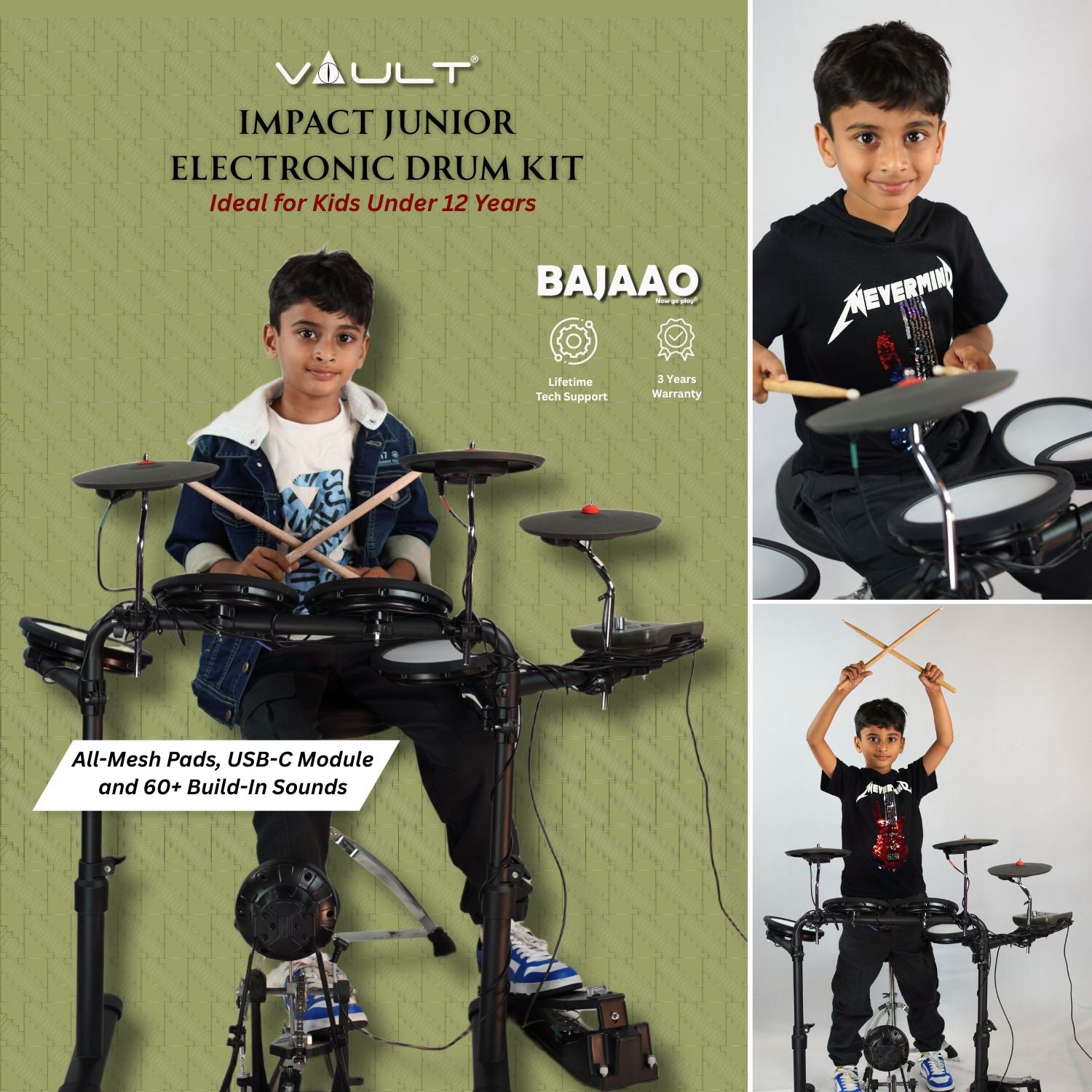 Vault Electronic Drum Kits Vault Impact Junior Electronic Drum Kit for Kids with All-Mesh Pads, USB-C Module and 60+ Built-In Sounds – Junior Sized for Kids Under 12