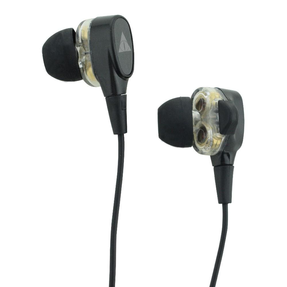 vault in-ear wired headphones black vault buds duo dual driver earphones with in-line mic & 3d stereo sound for iphone, android phones, tablets, pc & laptop