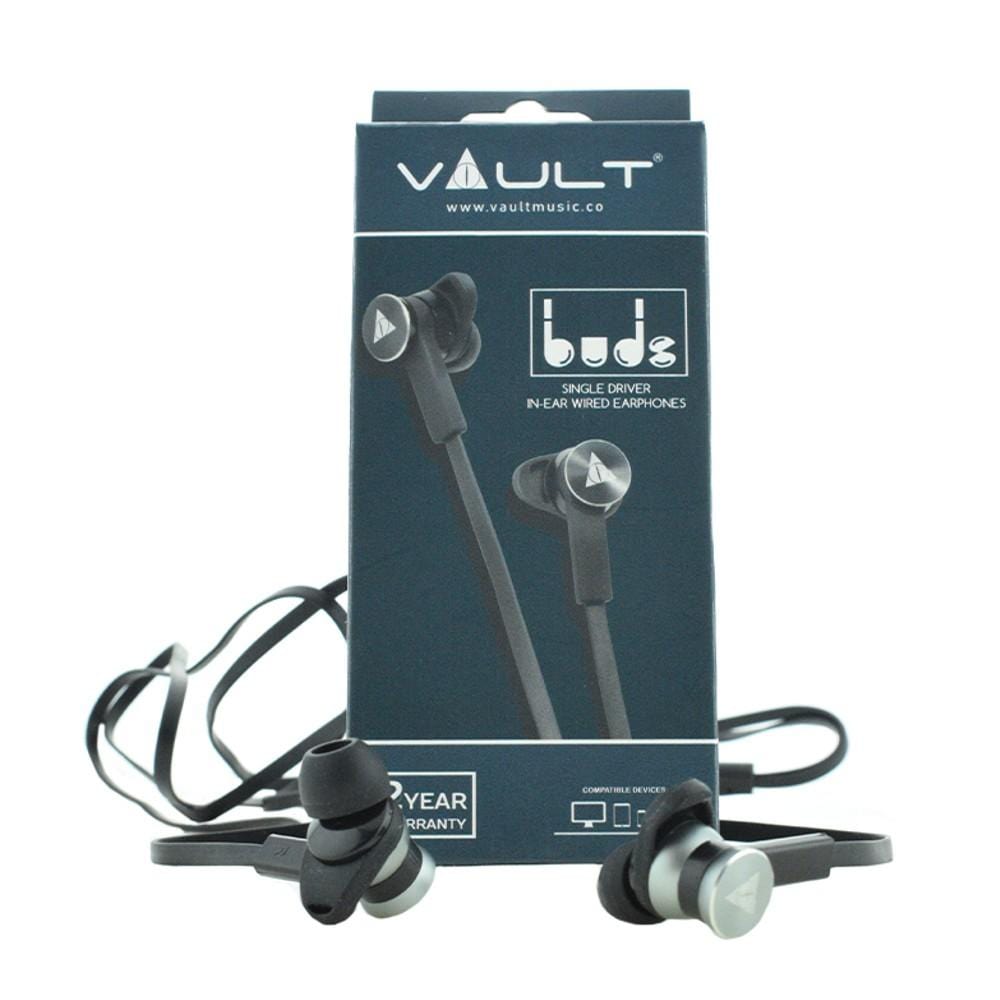 vault in-ear wired headphones black vault buds earphones with in-line mic & 3d stereo sound for iphone & android phones