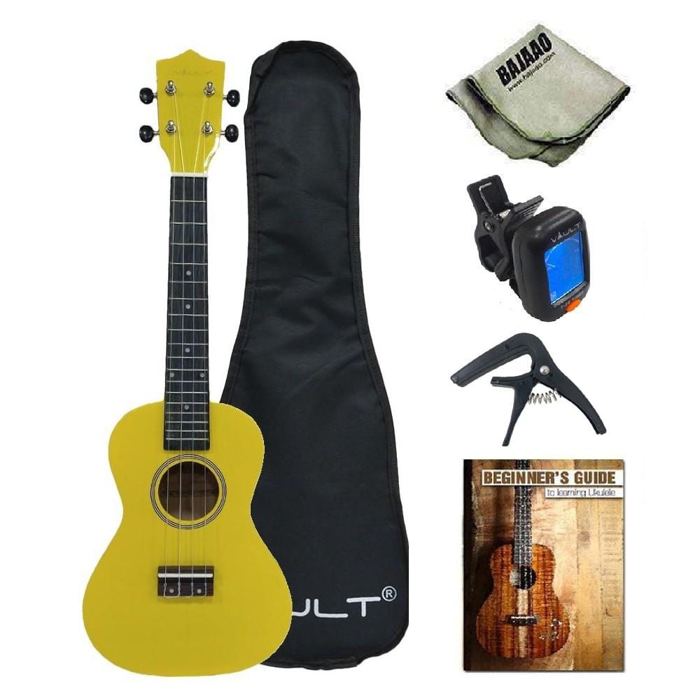 vault ukulele bundles yellow glossy vault uk-003 concert colourful 23-inch ukulele with gig bag, tuner, capo, polishing cloth & ebook #color_yellow-glossy