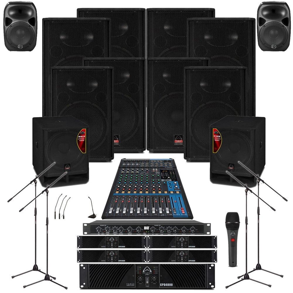 wharfedale pro mosque sound system mosque sound system 8xwharfedale evp-x15 wall mount loudspeakers,2xsubwoofer,5xamplifier,crossover,monitor,mics,stands & mixer