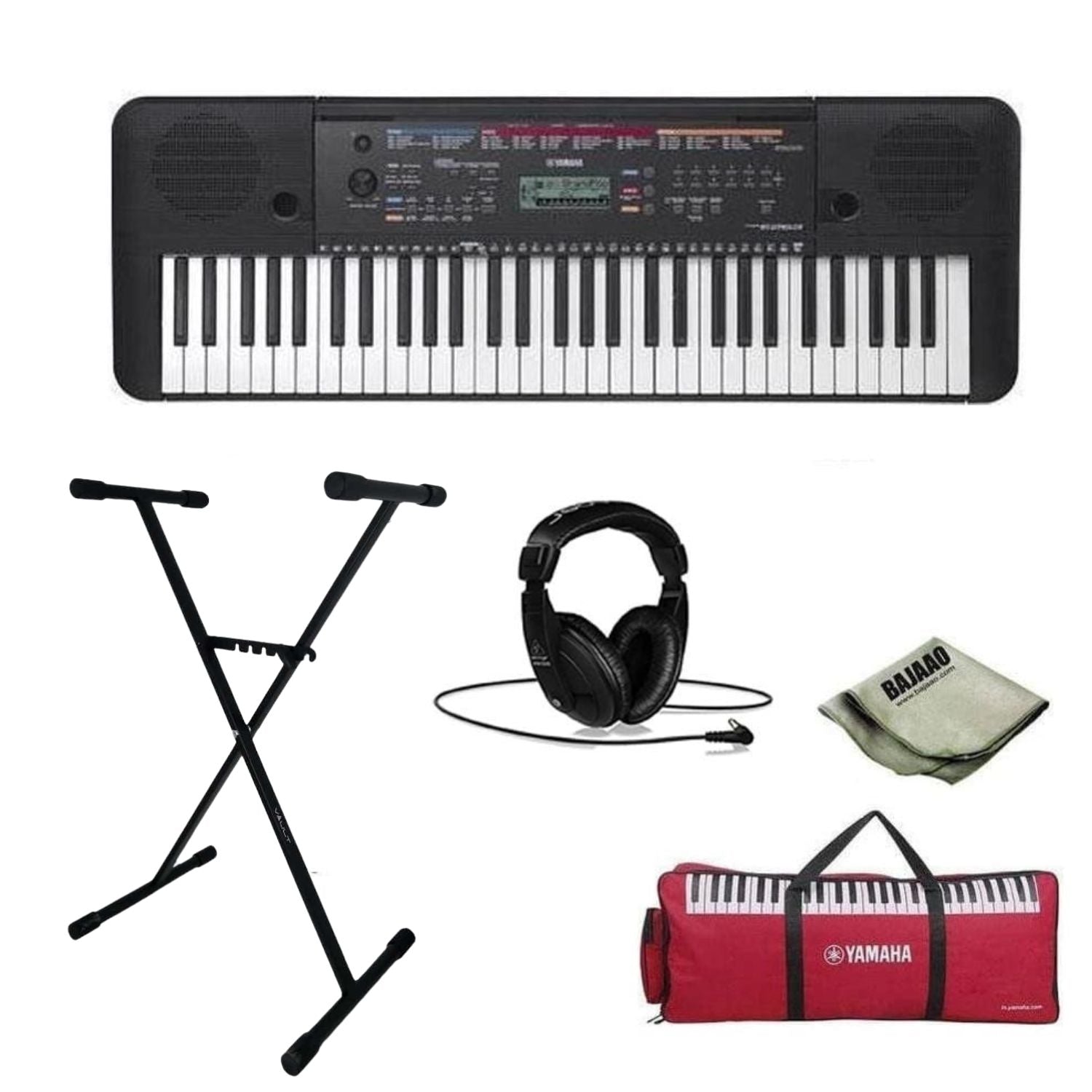 Yamaha Keyboard Bundles Bundle w Black Headphone Yamaha PSR-E263 61-Key Portable Keyboard with Stand, Gig Bag, Polishing Cloth and Headphones