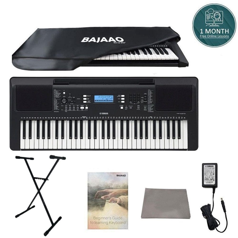 yamaha keyboard bundles yamaha psr-e373 61-key touch sensitive portable keyboard with dust cover, stand, polishing cloth, online lessons & ebook