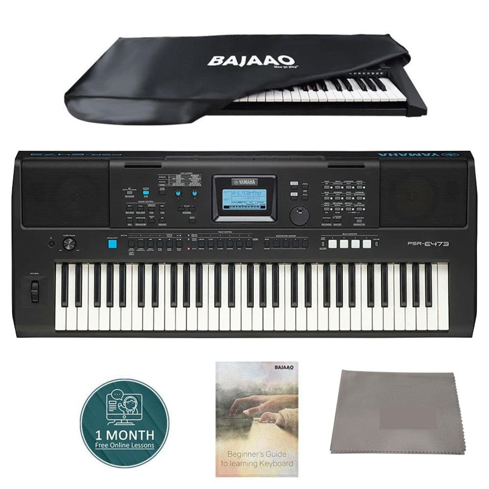 yamaha keyboard bundles yamaha psr-e473 61-key touch-sensitive portable keyboard with polishing cloth, dust cover, online lessons & ebook