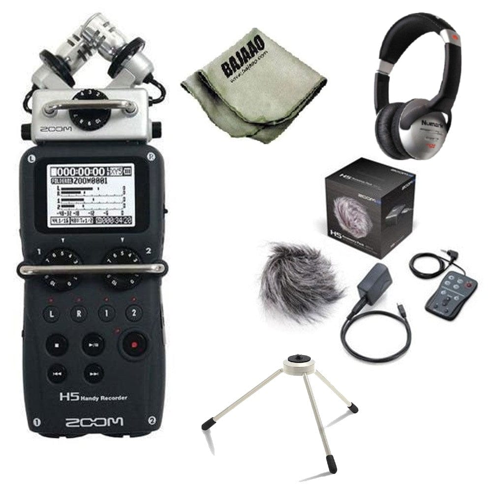 zoom portable field recorders zoom h5 handy recorder with aph-5 accessory pack, headphone, tripod stand and polishing cloth
