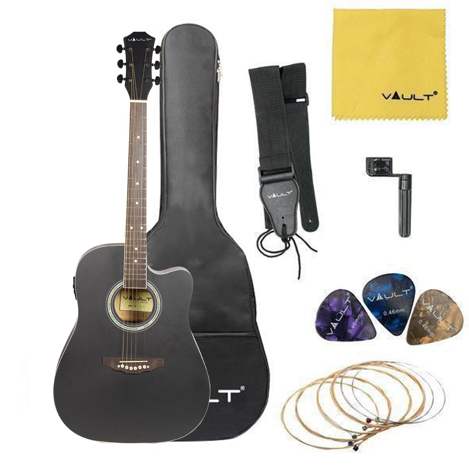 Vault Electro Acoustic Guitars Black Vault ED-10CE 41 inch Cutaway Electro Acoustic Guitar with Bag, Strings, Straps, Picks, Stringwinder & Polishing Cloth