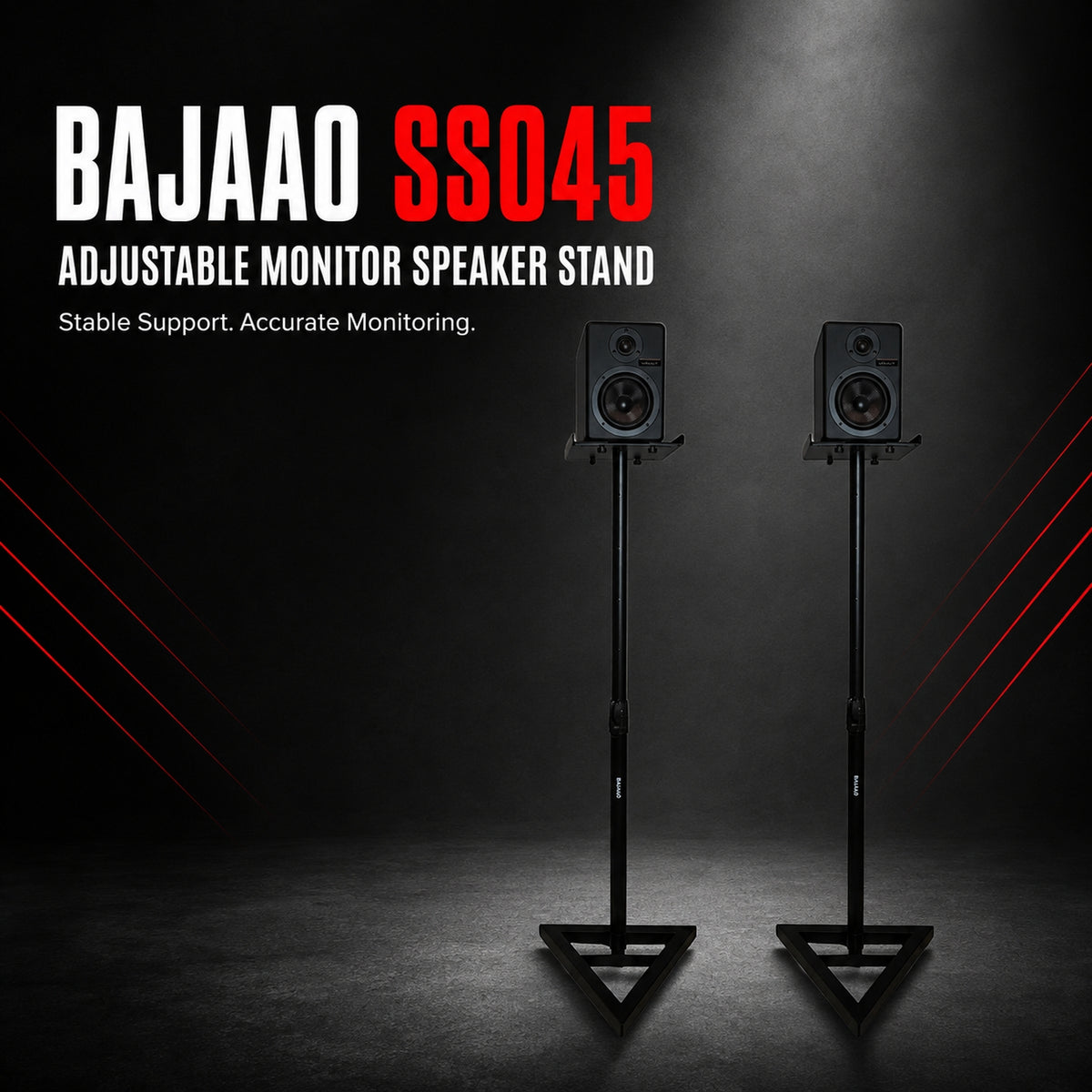 Bajaao SS045 Heavy-Duty Adjustable Studio Monitor Speaker Stand with Steel Construction, Triangular Base & Slide-Adjustable Top Plate
