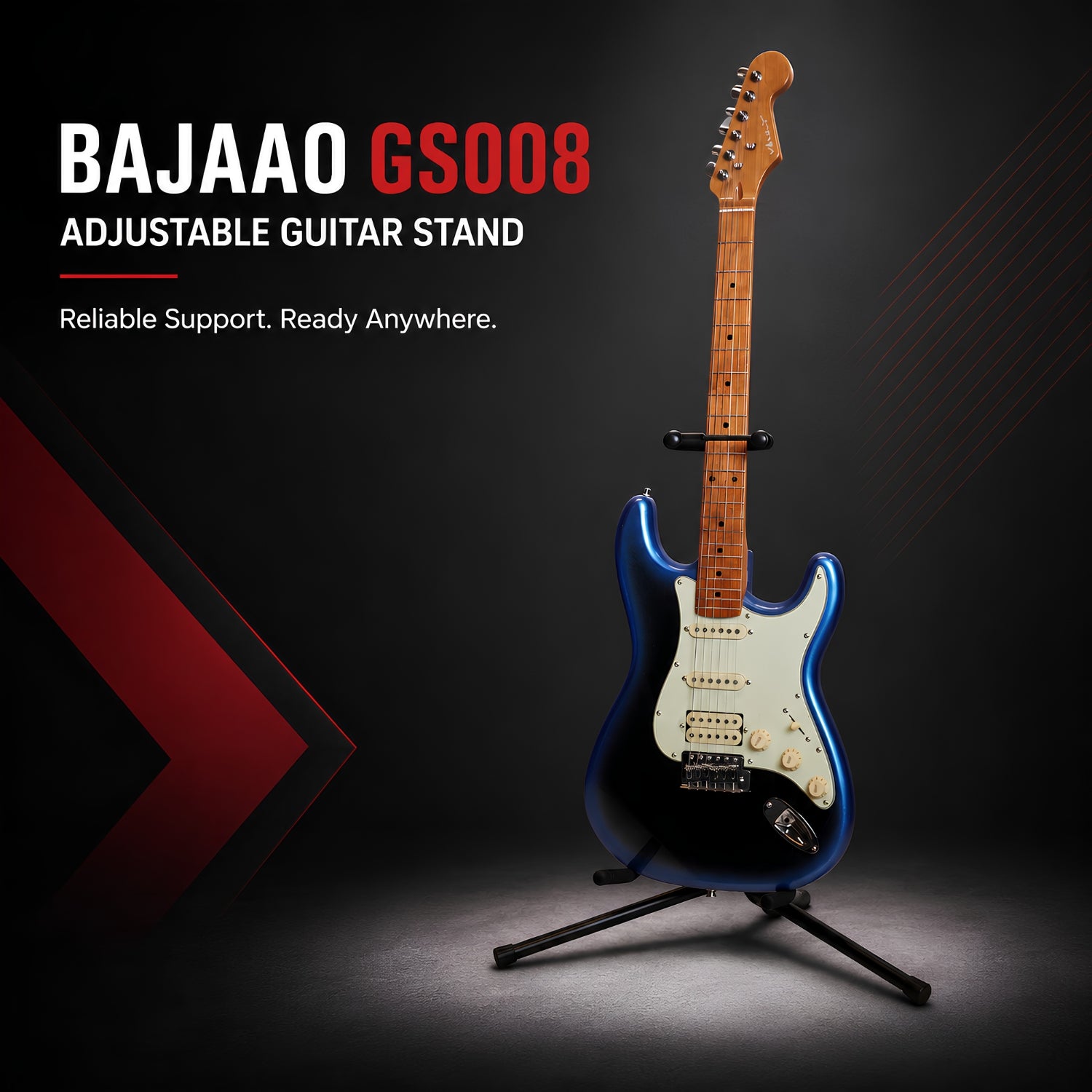 BAJAAO GS008 Adjustable Tripod Guitar Stand with Padded Neck Support, Foldable Guitar Cradle & Safety Retainer – Black