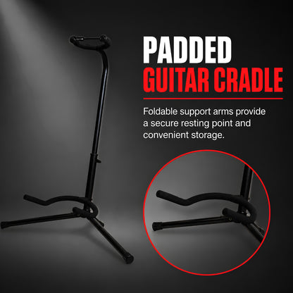 BAJAAO GS008 Adjustable Tripod Guitar Stand with Padded Neck Support, Foldable Guitar Cradle & Safety Retainer – Black