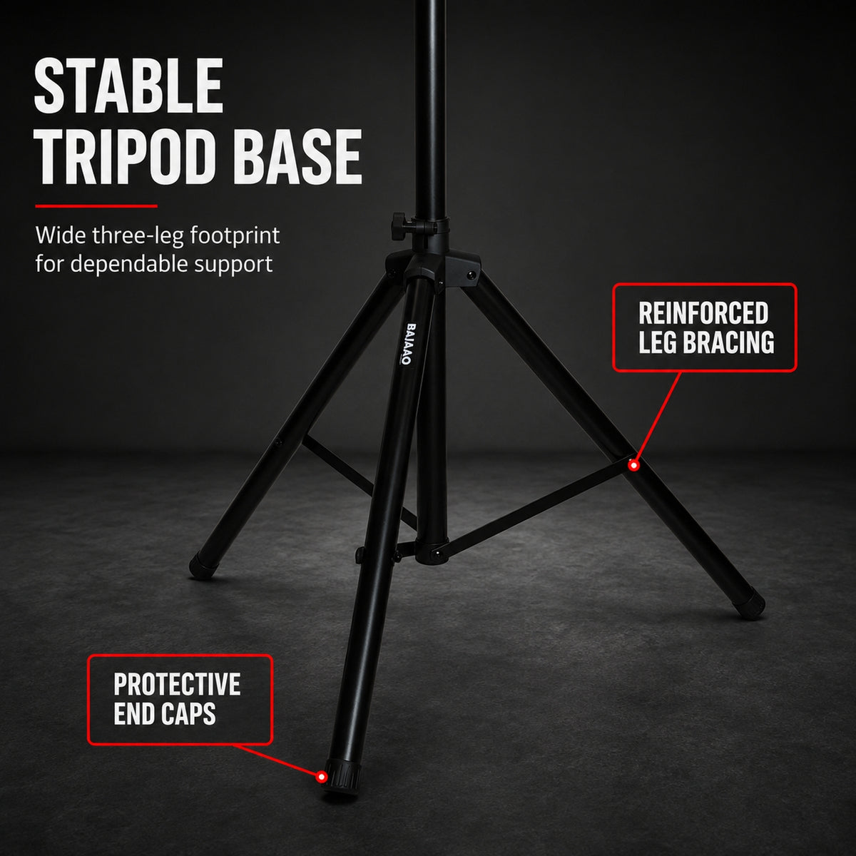 Bajaao SS019 Heavy-Duty Adjustable Tripod Speaker Stand with Safety Locking Pin & Foldable Legs – Black